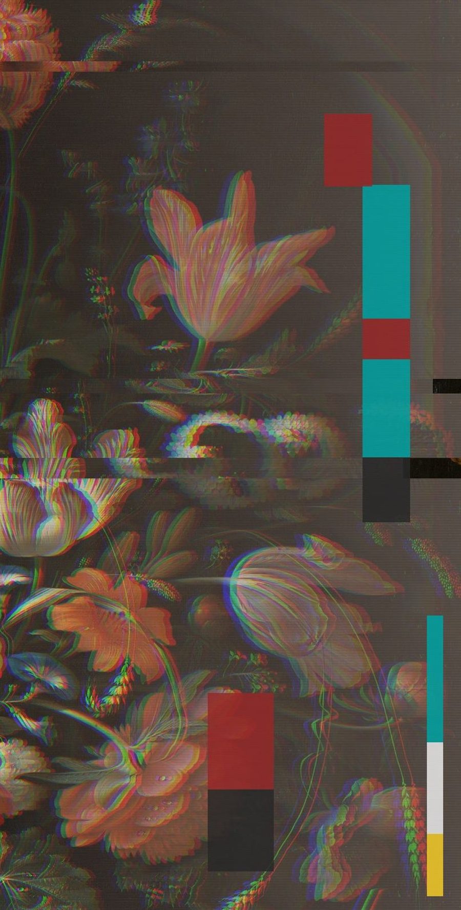 Detail of a Dutch still life dissolving into signal distortion.